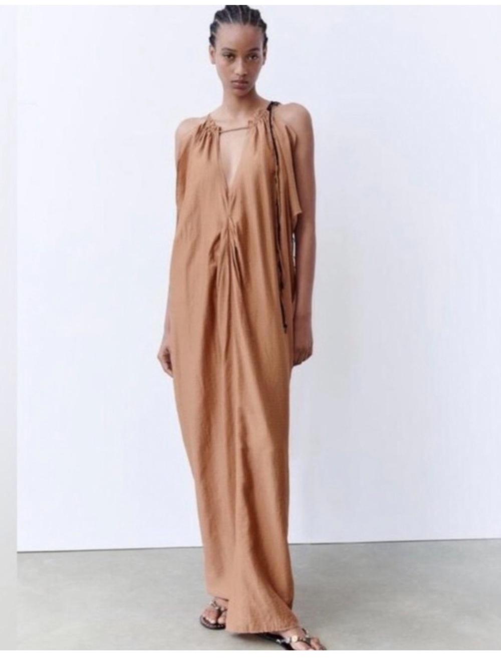 NWT • ZARA • STUNNING Lightweight Billowy Maxi Dress with Black Beaded Trim - Picture 3 of 14